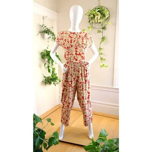 Vintage 1980s Pants Suit 80s CAROLE LITTLE Floral Art Deco Orange Blouse Top Set